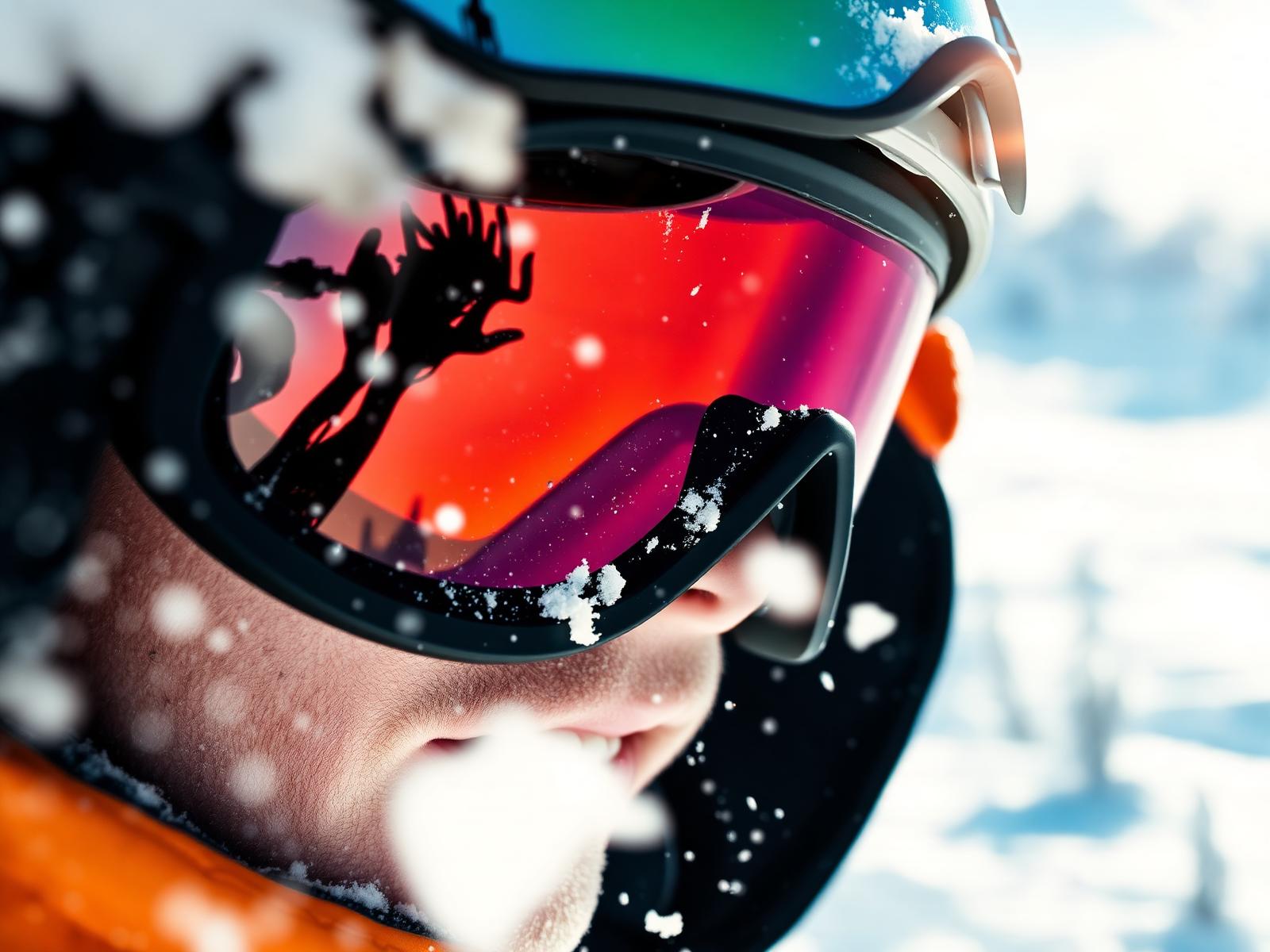 Skier in snow goggles with fresh powder spraying past the lens